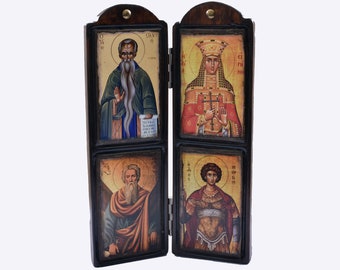 Handgemachte byzantinische Triptychon-Ikone: Heilige Demetrios, Irene, Charalampos, Andreas