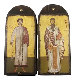 Handgemaakt Byzantijns tweeluik St. Stephen en St. Basil: Grieks-orthodox icoon