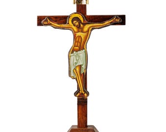 Handgefertigtes Kreuz aus Eichenholz: Byzantinisch-griechisch-orthodoxe Ikone
