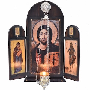 Jesus von Sinai mit Jungfrau Maria und Johannes dem Täufer handgefertigte hölzerne byzantinische Ikonostase, religiöse Geschenke, christliche Ikonen