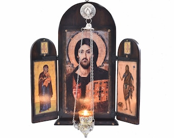 Handgefertigte byzantinische Ikonostase, Christus von Sinai, Jungfrau Maria, St. Johannes, katholische christliche Kunst