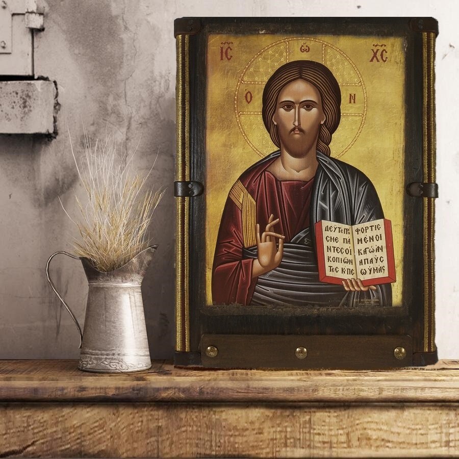 Handmade Jesus Christ Pantocrator Icon: Greek Orthodox Byzantine Art