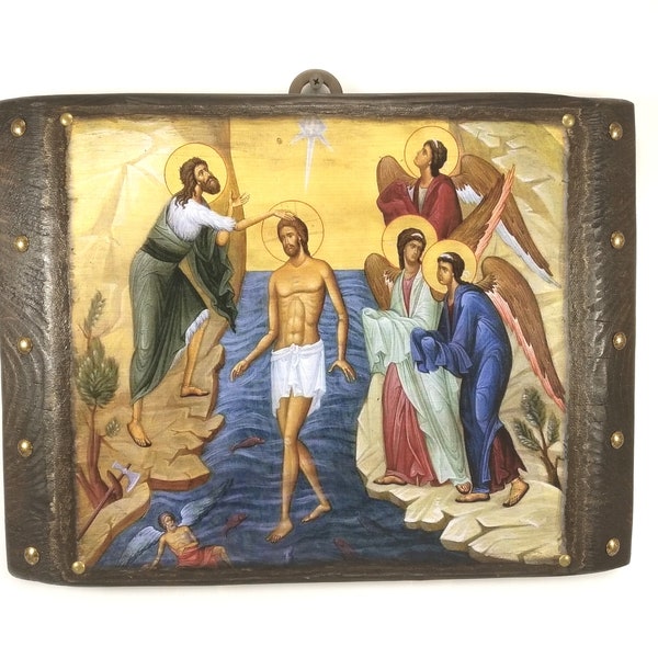 Théophanie, Le Baptême de Jésus, grande icône byzantine en bois faite à la main 29x39cm, icônes orthodoxes, cadeau de baptême