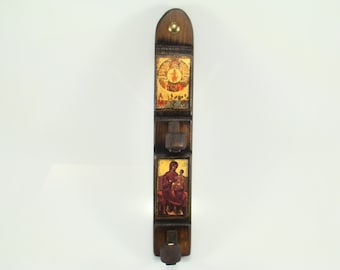 Candelabro bizantino hecho a mano con icono: Jesucristo y todos los santos, arte ortodoxo griego.