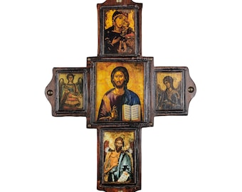 Handgefertigte Ikonostase aus Holz in Kreuzform, byzantinische Ikonen, religiöses Geschenk, christliche Kunst, griechisch-orthodoxe Ikonen