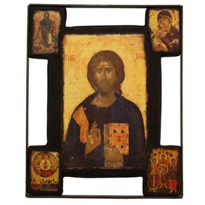Handgemaakt Byzantijns icoon: Jezus, Maagd Maria, heiligen en aartsengelen