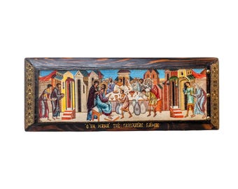 Die Hochzeit in Cana, handgefertigte hölzerne byzantinische Ikone, griechisch-Orthodoxe Ikonen, Christliche Geschenke, Religiöse Ikonen, Housewarming Geschenke