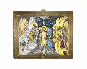 The Baptism of Jesus ,Theophany,  large 28x35.5cm Byzantine icon, Orthodox icons, Baptism gift, Christian icons, religious art