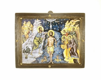 The Baptism of Jesus, Handmade Wooden Byzantine Icon, Greek Orthodox Icons, Christian Gifts, Religious Icons, Housewarming Gifts