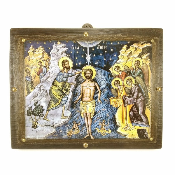 Le Baptême de Jésus, Théophanie, grande icône byzantine 28x35,5 cm, icônes orthodoxes, don de baptême, icônes chrétiennes, art religieux