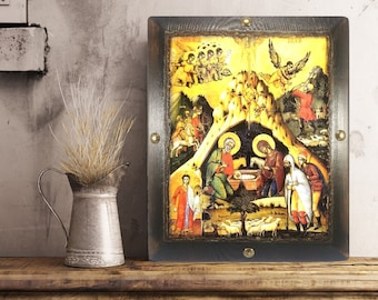 Geboorte van Christus, handgemaakt houten Byzantijns icoon, Grieks-orthodoxe iconen, christelijke geschenken, religieuze kunst