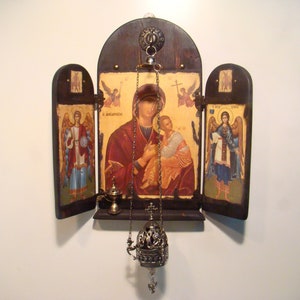 Virgin Mary Immaculate with Jesus  and Archangels handmade wooden Iconostasis, Orthodox icons