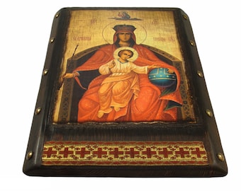 Handmade Sovereign Mother of God Icon, Byzantine Religious Art