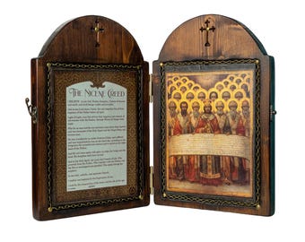 Das Glaubensbekenntnis von Nizäa, ich glaube, handgefertigte hölzerne byzantinische Ikone, griechisch-kyrillische Ikonen, Christliche Geschenke, Religiöse Ikonen, Einweihungsparty