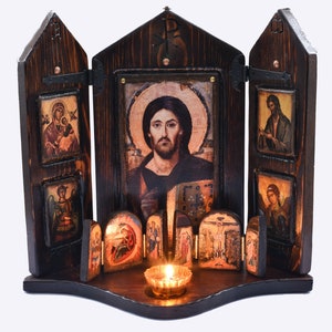 Jesus Christ of Sinai with Virgin Mary, St John and Archangels , handmade wooden carved iconostasis, Byzantine icon, Christian art