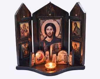 Jesus Christ of Sinai with Virgin Mary, St John and Archangels , handmade wooden carved iconostasis, Byzantine icon, Christian art