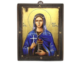Icono bizantino de Santa Bárbara hecho a mano: arte religioso ortodoxo griego