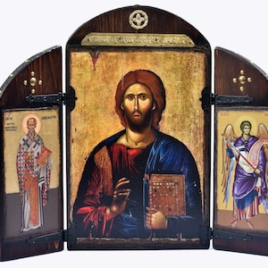 Tríptico bizantino hecho a mano: Jesús, Arcángel Miguel, San Alejandro