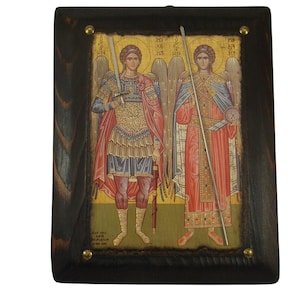 Handmade Archangels Byzantine Icon: Orthodox Christian Art on Fir Wood
