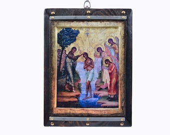 Baptism of Christ, Theophany,  Handmade Wooden Byzantine Icon, Greek Orthodox Icons, Christian Gifts, Religious Icons, Housewarming Gifts