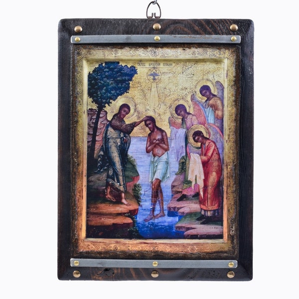 Baptême du Christ, Théophanie, Grande icône byzantine en bois faite à la main 36x29cm, icônes orthodoxes, cadeaux chrétiens