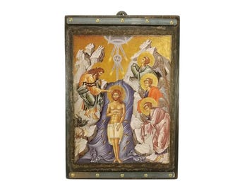 Theophany, The Baptism of Jesus ,Handmade Wooden Byzantine Icon, Greek Orthodox Icons, Christian Gifts, Religious Icons, Housewarming Gifts