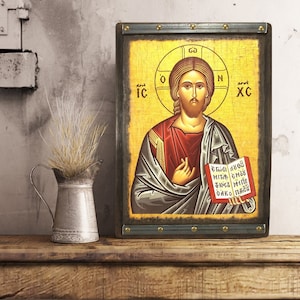 Handmade Jesus Christ Pantocrator Icon: Byzantine Greek Orthodox Art