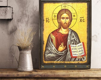 Handmade Jesus Christ Pantocrator Icon: Byzantine Greek Orthodox Art