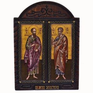 Saints Paul and Peter  the Apostles, Handmade Wooden Byzantine Icon, Greek Orthodox Icons, Christian Gifts, Religious Icons, Religious Gifts