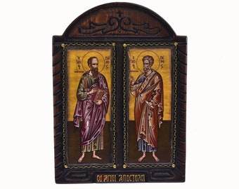 Handgemachte byzantinische Ikone der Heiligen Peter und Paul, griechisch-Orthodoxe Kunst
