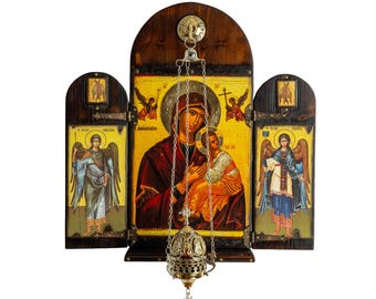 Ikonostase mit Kerze Jungfrau Maria Panagia "unverschmutzt" und Erzengel Gabriel und Michael Byzantinische Ikone