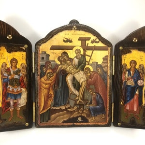 Apokathilosis The Deposition of Jesus handmade triptych, Byzantine icon, Greek icons, Orthodox icons