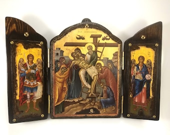 Apokathilosis El Descendimiento de Jesús, tríptico hecho a mano, icono bizantino, iconos griegos, iconos ortodoxos