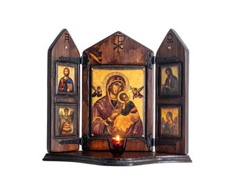 Virgin Mary, Jesus Christ and Archangels Michael and Gabriel, handmade wooden carved iconostasis, Byzantine icon