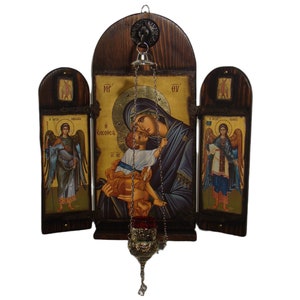 Virgin Mary Merciful Eleousa with Jesus Christ and Archangels Michael and Gabriel Iconostasis , handmade wooben Byzantine icon