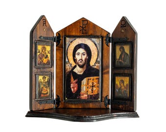 Jesus Christus vom Sinai mit der Jungfrau Maria, dem heiligen Johannes und den Erzengeln, handgefertigte, geschnitzte Ikonostase aus Holz, byzantinische Ikone, christliches Geschenk