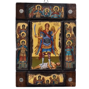 Archangel Michael the Panormitis,  Synaxis of the Archangels, handmade wooden Byzantine icon, Orthodox icons, Unique icon