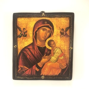Handmade Byzantine Virgin Mary Icon: Queen of Angels, Greek Orthodox Art