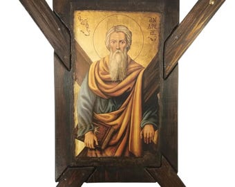 Handgemachte St.Andreas Ikone mit Holzkreuz: Griechisch Griechisch Ortodoxe Kunst