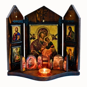 Virgin Mary, Jesus Christ and Archangels Michael and Gabriel, handmade wooden carved iconostasis, Byzantine icon, religious icons