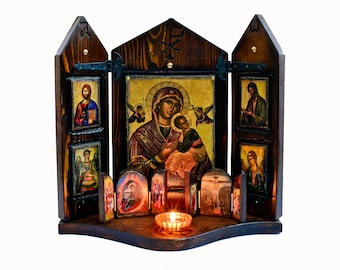 Virgin Mary, Jesus Christ and Archangels Michael and Gabriel, handmade wooden carved iconostasis, Byzantine icon, religious icons