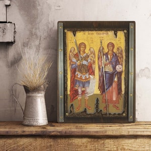 Archangels Michael and Gabriel ,handmade wooden Byzantine icon, Orthodox icons, religious gifts, Christian art
