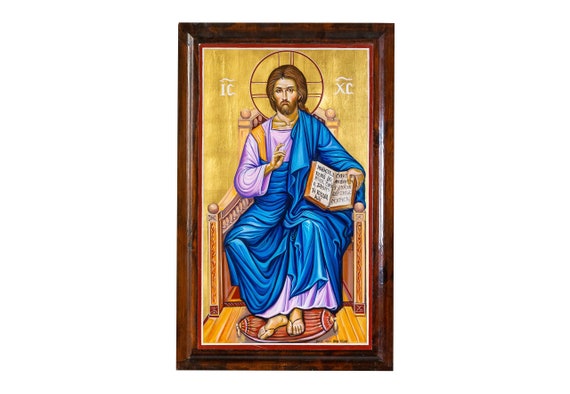 Jesus Crist Enthroned, hand painted icon Byzantine icon