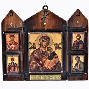 Virgin Mary with Jesus and Saints, handmade wooden carved Byzantine triptych, Orthodox icons, Christian art