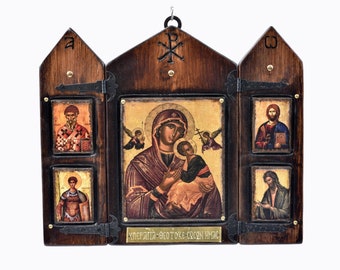 Virgen María con Jesús y los santos, tríptico bizantino tallado a mano en madera, iconos ortodoxos, arte cristiano