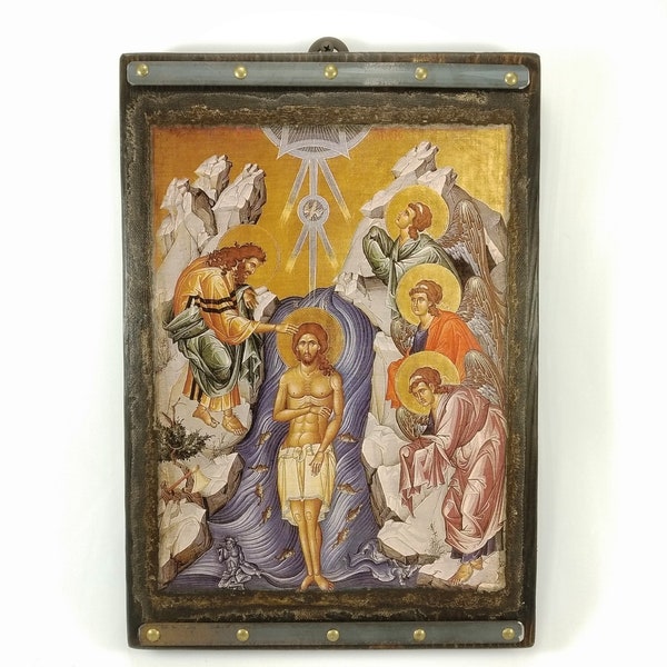 Théophanie, Le baptême de Jésus, icône byzantine en bois faite main, icônes orthodoxes, art religieux, icône grecque