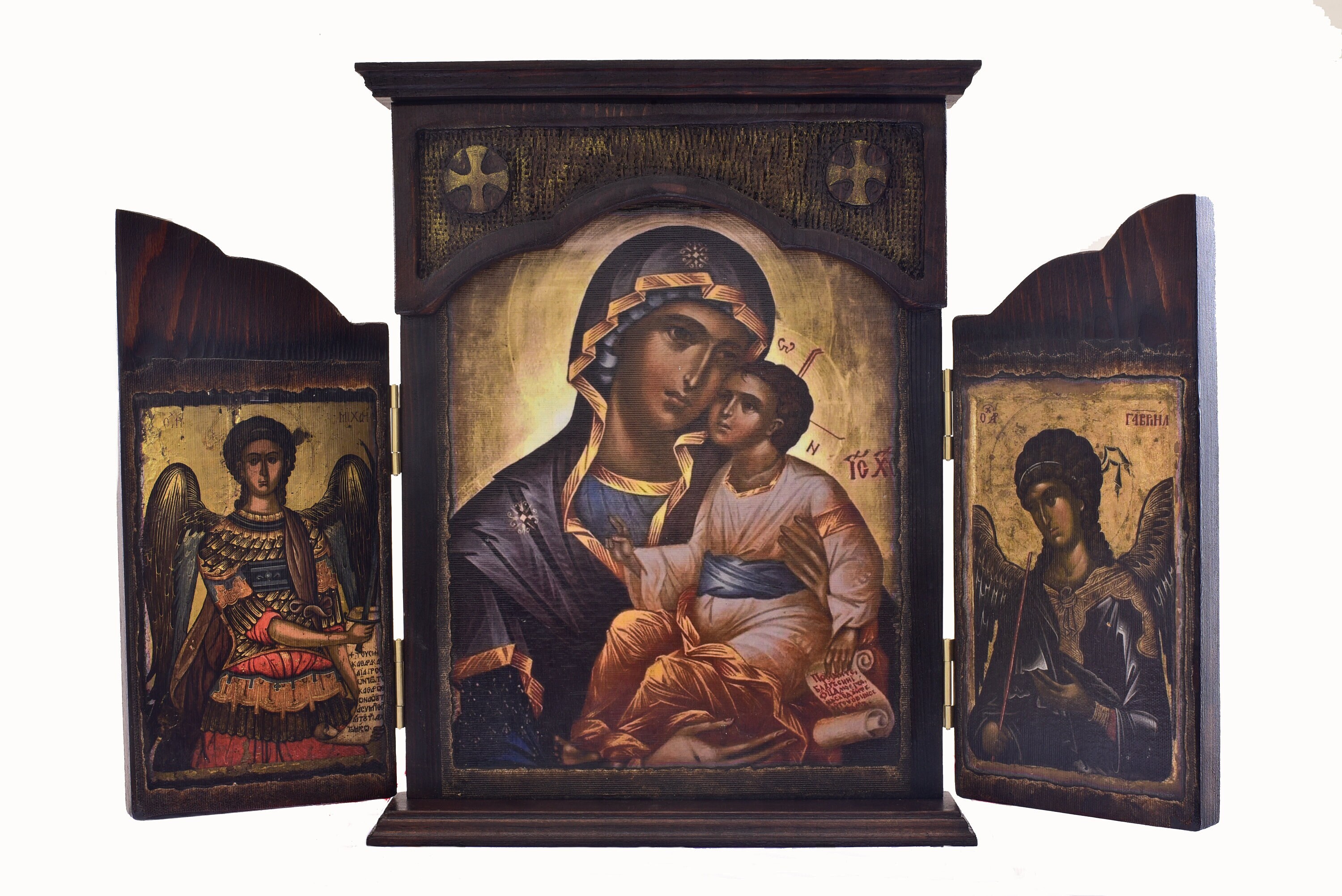 Tríptico tallado a mano de la Virgen María y los Arcángeles Miguel y Gabriel, íconos ortodoxos griegos, icono cristiano, regalo religioso