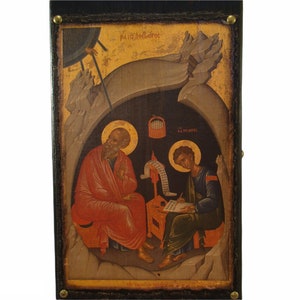 Handmade Byzantine Icon: Apostle John & St. Prochoros, Greek Orthodox Art