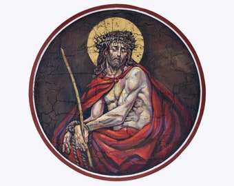 May include: A painting of a man with a crown of thorns, wearing a red robe, and holding a staff. The painting is set against a dark background with a cracked texture.