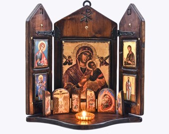 Virgin Mary with Jesus and Saints, handmade wooden carved iconostasis, Byzantine icon,Orthodox icons, Christian art